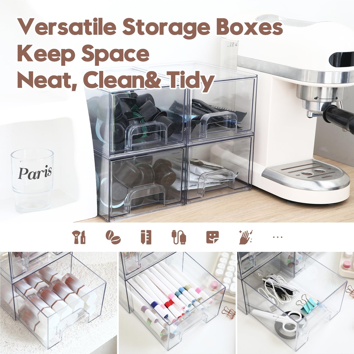 Sea Team 4-Pack Clear Makeup Organizer with Drawers, Acrylic Plastic Cosmetic Display Case, Jewelry Storage Box, Holder for Dresser, Bathroom, Vanity, Kitchen Cabinets, Pantry, Countertop