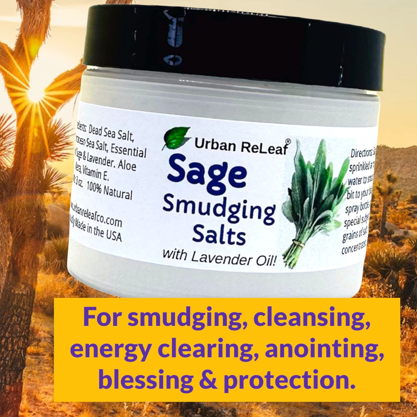 Urban ReLeaf Sage Smudging Salts with Lavender Oil ! Safe & Smokeless Smudge Cleanse Protect Bless Anointing. Fresh from USA! 100% Natural, Vegan. (Pack of 2)
