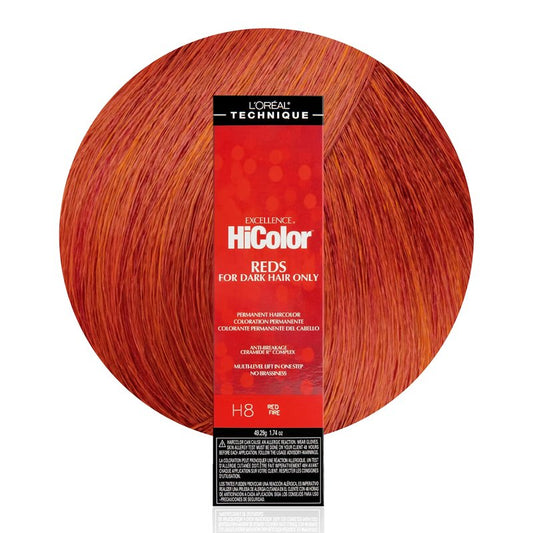 L'OREAL TECHNIQUE HiColor Reds Permanent Hair Color - Lifts Dark Hair in One Step Leaving No Brassiness, Rich & Smooth Creme Formula, Intense & Long-Lasting Color, H8 Red Fire