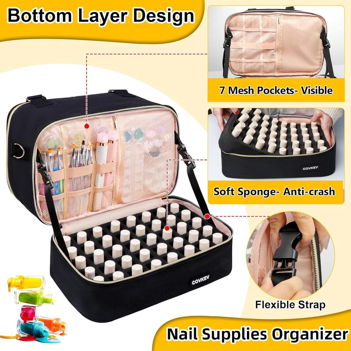 Nail Polish Organizer - Holds 80 Bottles & Nail Lamp | Double Layer Travel Case with Handle - Black & Gold