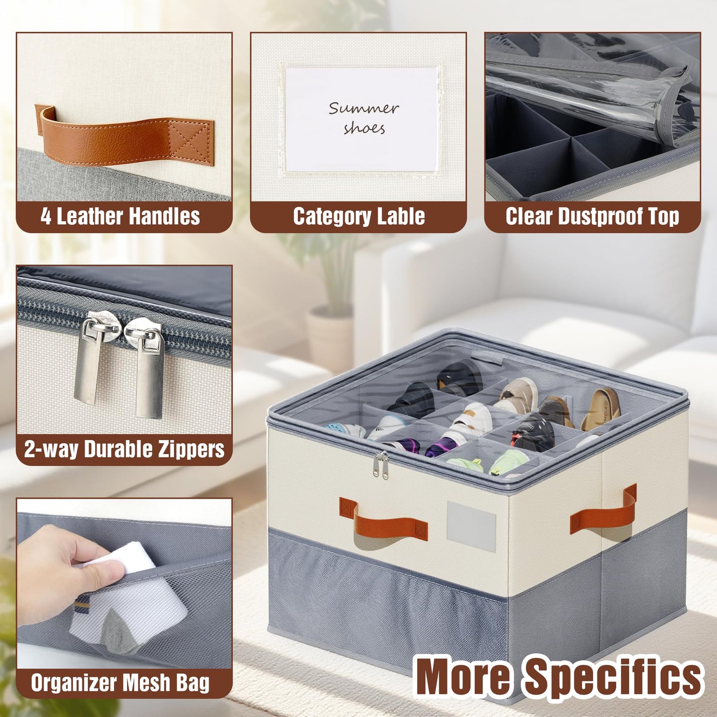 KETYWHA Shoe Organizer for Closet, XXL 1 Pack Foldable Shoe Storage Containers with Clear Cover, Shoe Box Organizers Bins with Adjustable Dividers 4Handles,Shoe Storage Fits 12-24 Pairs-Beige & Grey