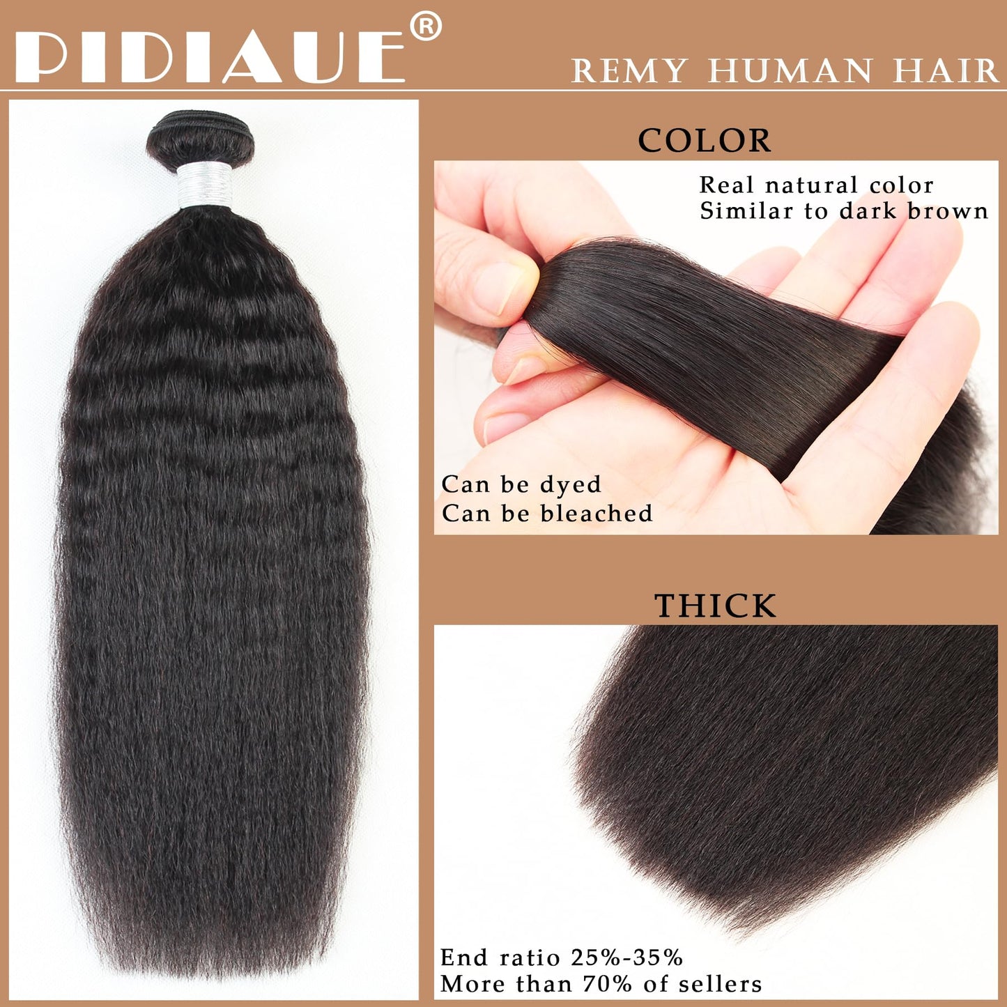 PIDIAUE Kinky Straight Bundles Single Human Hair Yaki Straight 12A Brazilian Remy Hair Weave 16 inch Real Unprocessed Virgin Hair 1 Bundles Extensions Natural Color