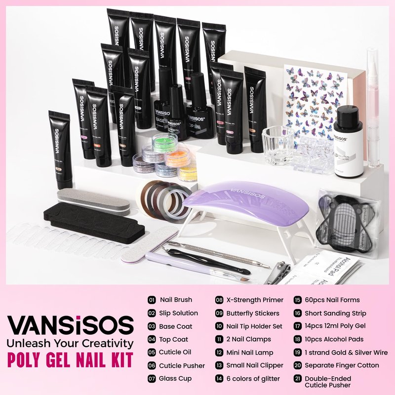 Poly Gel Nail Kit for Beginners: 14 Color Professional Gel Nail Extension Set with Slip Solution U V Lamp for DIY at Home Salon