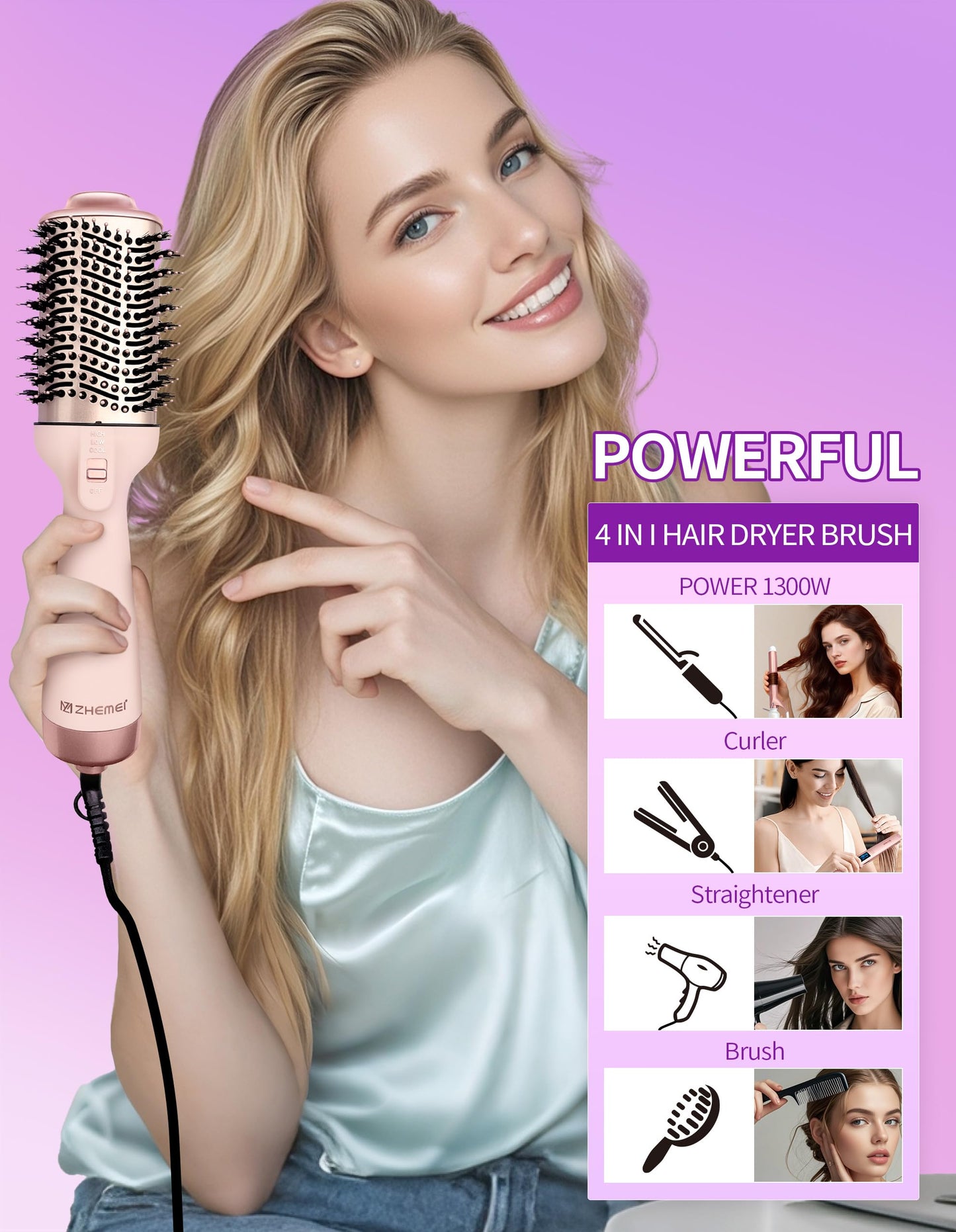 ZM ZHEMEI 1300W Hair Dryer Brush,4 in 1 Blow Dryer Brush Anti-frizz Ceramic Titanium Barrel with ALCI Safety Plug Professional Salon Hot Air Brush for All Hair Types (Rosegold)