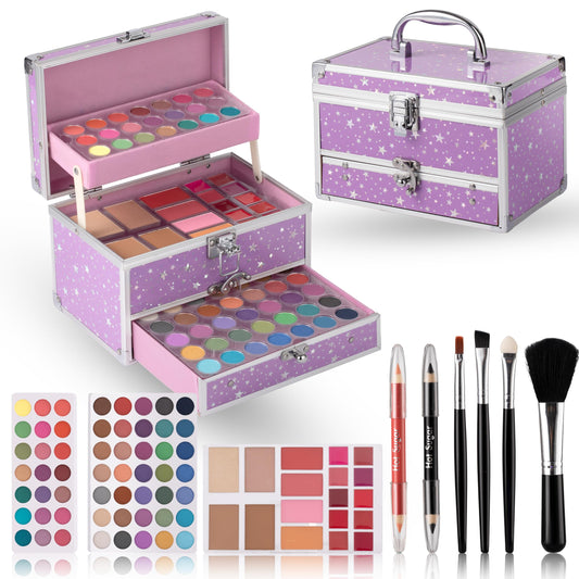 Hot Sugar Makeup Kit for Teens with Train Case, Portable Beginner Makeup Gift Set, Makeup Beauty Kit for Girls (Purple)