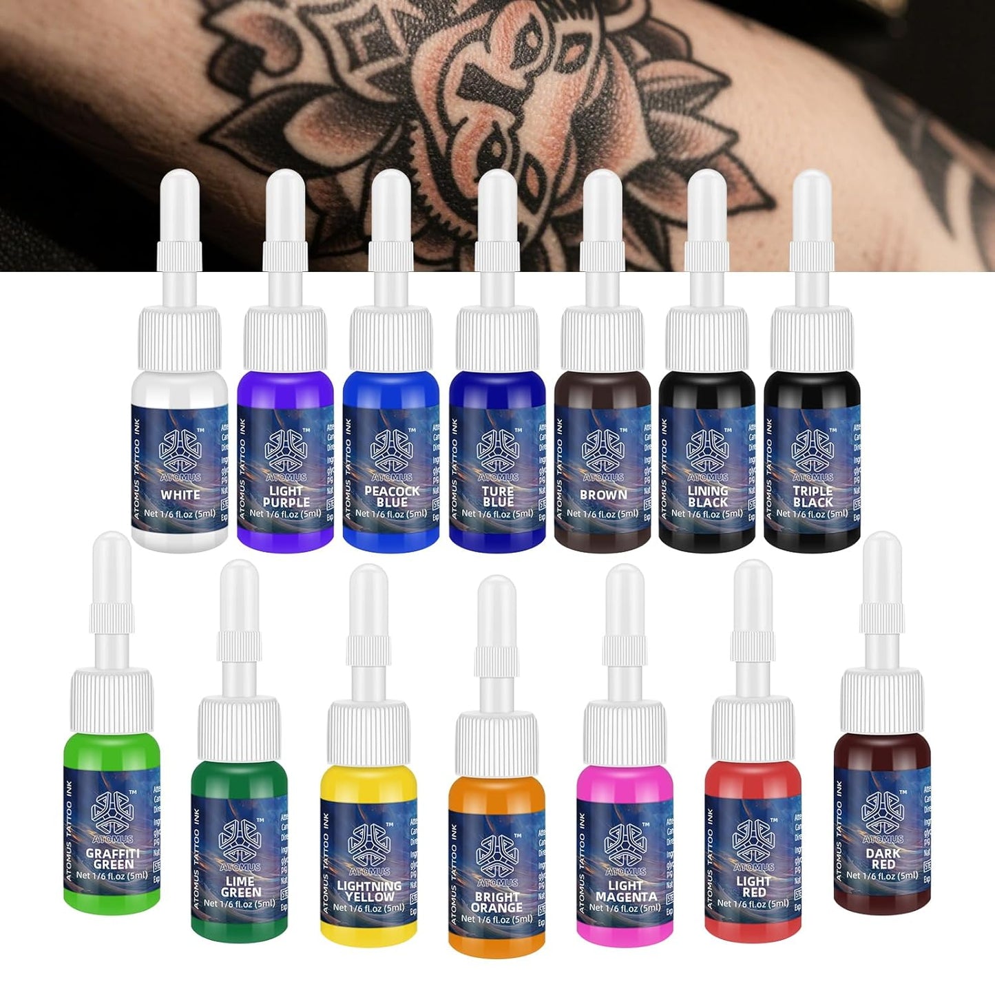 ATOMUS Tattoo Ink Kit - Natural Plant-Based Pigment Set for Permanent Makeup | 14 Colors, 1/6 oz