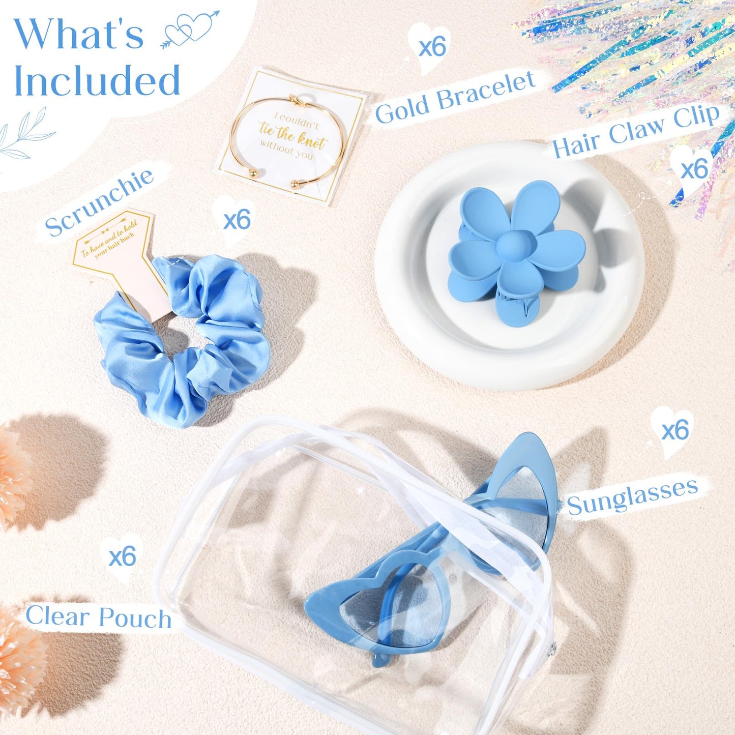 DEEKA 30 Pcs Bridesmaid Proposal Bag Set Gift Clear Makeup Toiletry Bag Bachelorette Party Favors Sunglasses Flower Claw Clips Scrunchies Knot Bracelets Bridal Wedding Party Gifts (Blue)