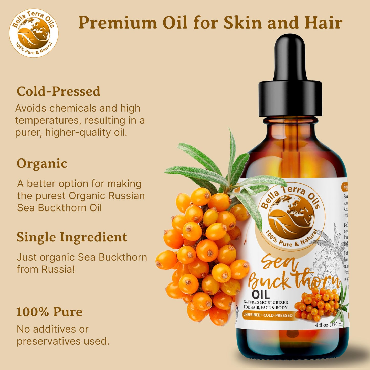 Bella Terra Oils - Natural Sea Buckthorn Oil 8oz - Cold-Pressed Treasure, Bursting with Omega-3 & Omega-6, A Radiant Glow in Every Bottle