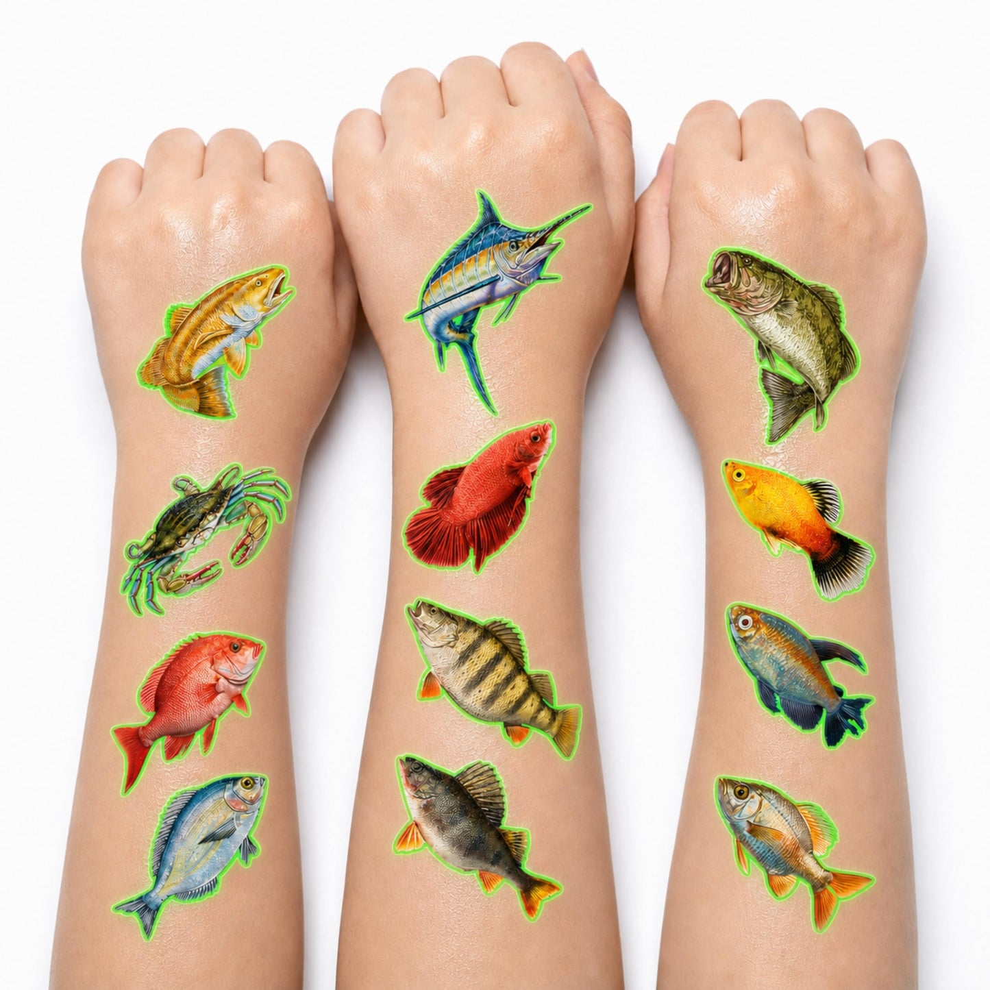96PCS Fishing Pre-Cut Temporary Tattoos - Fish Lake Funny Fish-Themed Stickers for Kids' Birthday Party Supplies, Decorations, Favors, and Prizes - Cute Gifts for Boys and Girls (Glow in the dark)