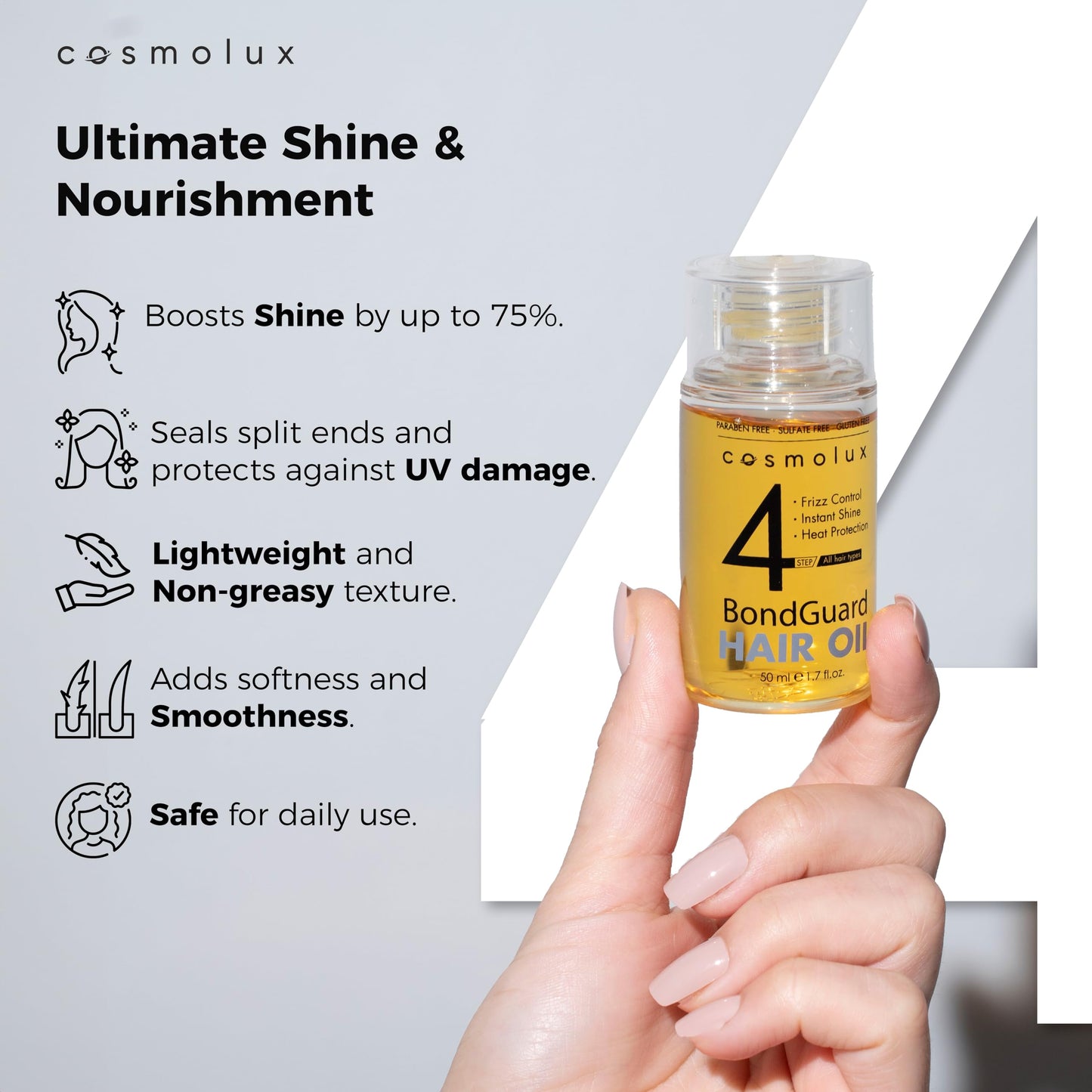 Cosmolux BondGuard Bonding Oil, Heat Protectant & Repair Oil for Damaged, Color-Treated & Frizzy Hair, Adds Shine & Tames Frizz, Lightweight & Vegan - 1.7 fl oz (50 mL)