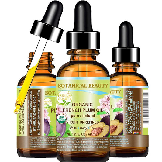 Botanical Beauty Organic French PLUM OIL 100% Pure Natural VIRGIN UNREFINED Cold-Pressed Carrier Oil for Face, Skin, Body, Hair, Lip, Nails. Rich in Vitamin E, Omega 6, Omega 9 (2 Fl Oz)