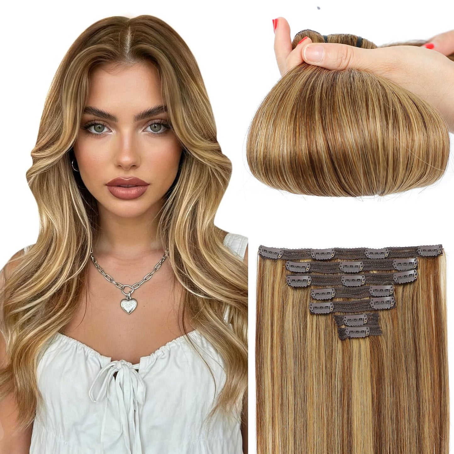 Clip in Hair Extensions Real Human Hair Chocolate Brown to Caramel Blonde 14 inch 7pcs 70g/Pack, Human Hair Clip in Extensions, Salon-Grade Quality, Easy Comfort Wear for Women (#P4/27, 14 inch)