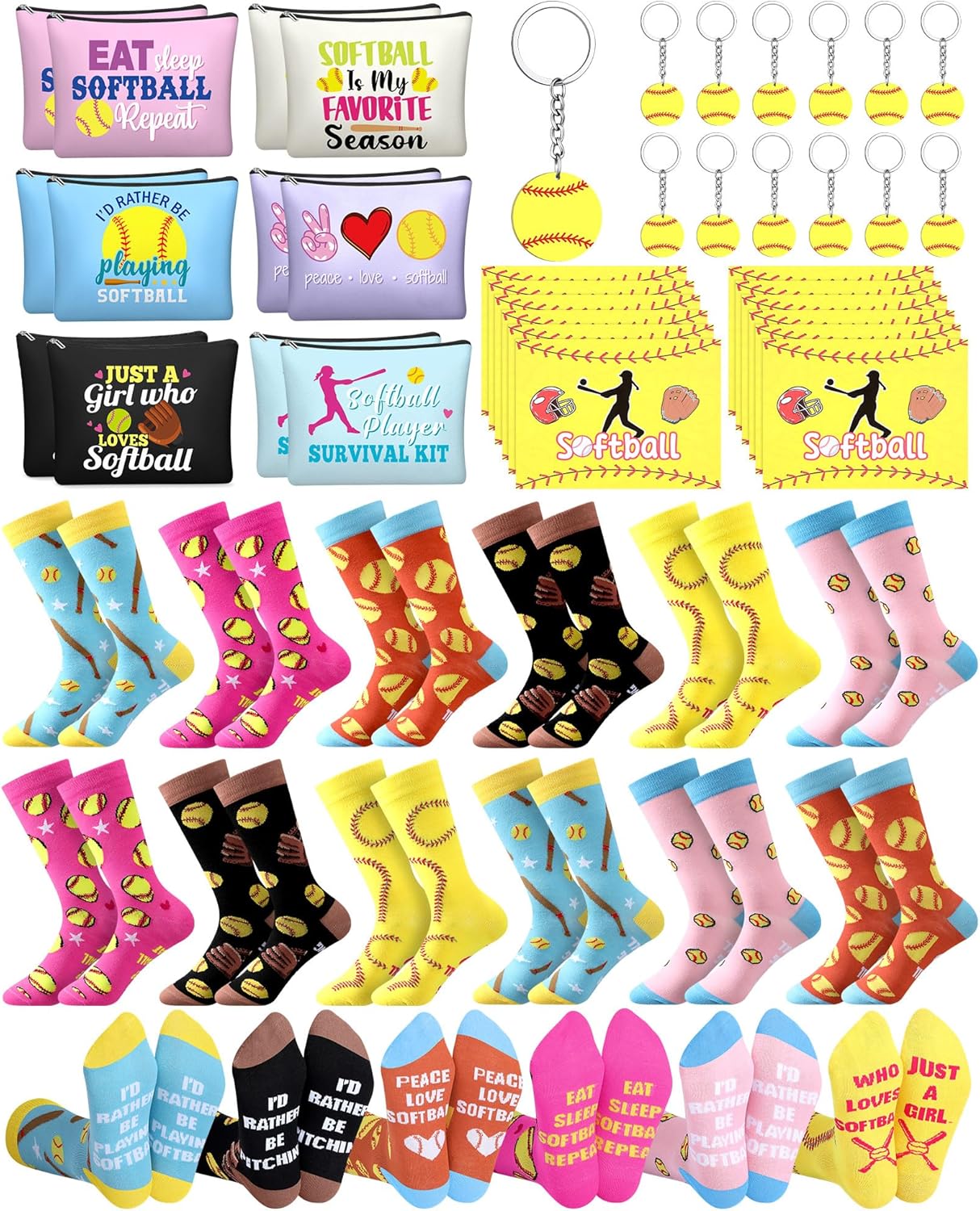 Softball Team Gifts Set - 48 Pcs for Women & Girls | Funny Makeup Bag, Novelty Socks, Keychains & Cards for Senior Night Party Favors