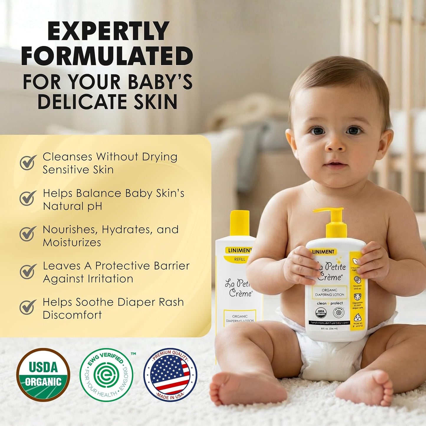 Premium Liniment Baby Lotion - Gentle Diaper Cream Alternative | USDA Organic, 8 oz