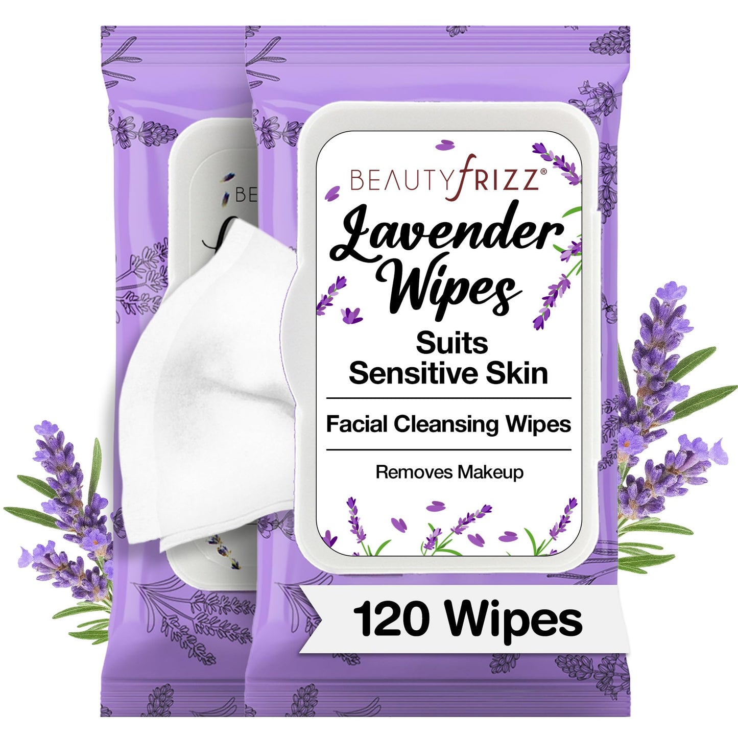 BeautyFrizz Lavender Face Wipes - Gentle No Rinse Makeup Remover and Facial Cleansing Wipes - Contains Aloe, Castor, Vitamin A and E - Suits Sensitive Skin - Moisturizing - Extra Soft (120 pcs)
