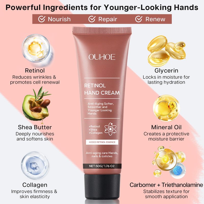 VRAIKO OUHOE Retinol Anti-Aging Hand Cream, Mineral Hand Moisturizer with Retinol, Shea Butter and Collagen, for Younger Looking Hands, Soft Smooth Skin, Nails & Cuticles (1pc)