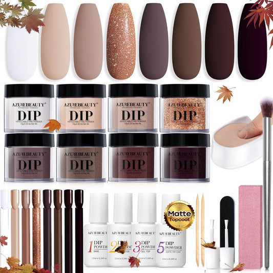 AZUREBEAUTY 30Pcs Dip Powder Nail Kit Starter, 8 Colors Fall Nude Brown Glitter Purple Nude with Nail Sticks, Nail Art Liquid Set with Matte/Base/Top Coat Activator for French Manicure Salon