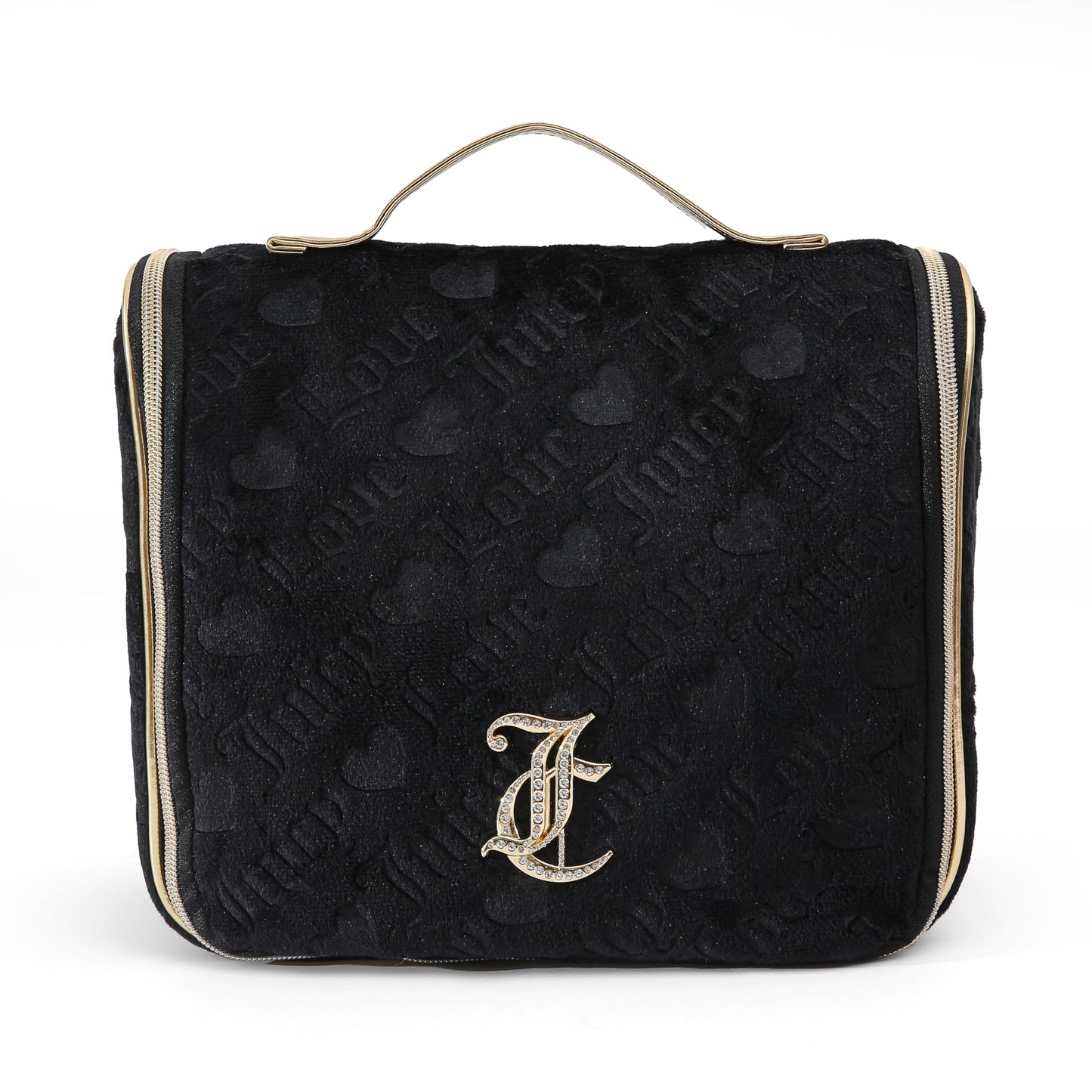 Juicy Couture Black Makeup Bag Cosmetics Organizer Travel Essentials Hanging Hook Heart Velour