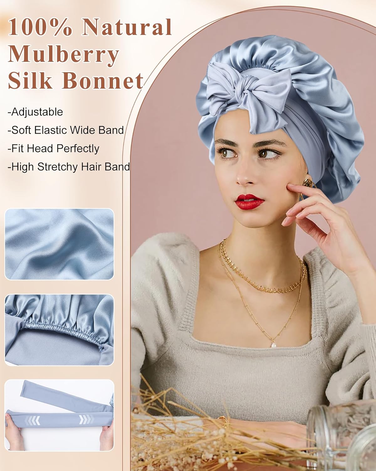 Silk Bonnet - 100% Mulberry Hair Wrap for Women | Comfortable Sleep Night Cap with Elastic Band