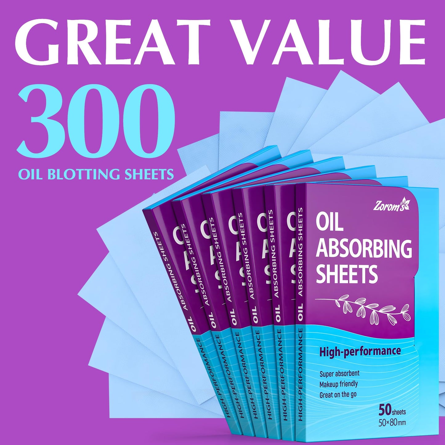 High-Performance Oil Absorbing Sheets for Face - 6 pack (300 sheets) - Makeup Friendly Blotting Papers for Oily Skin - Oil Blotting Sheets for Face