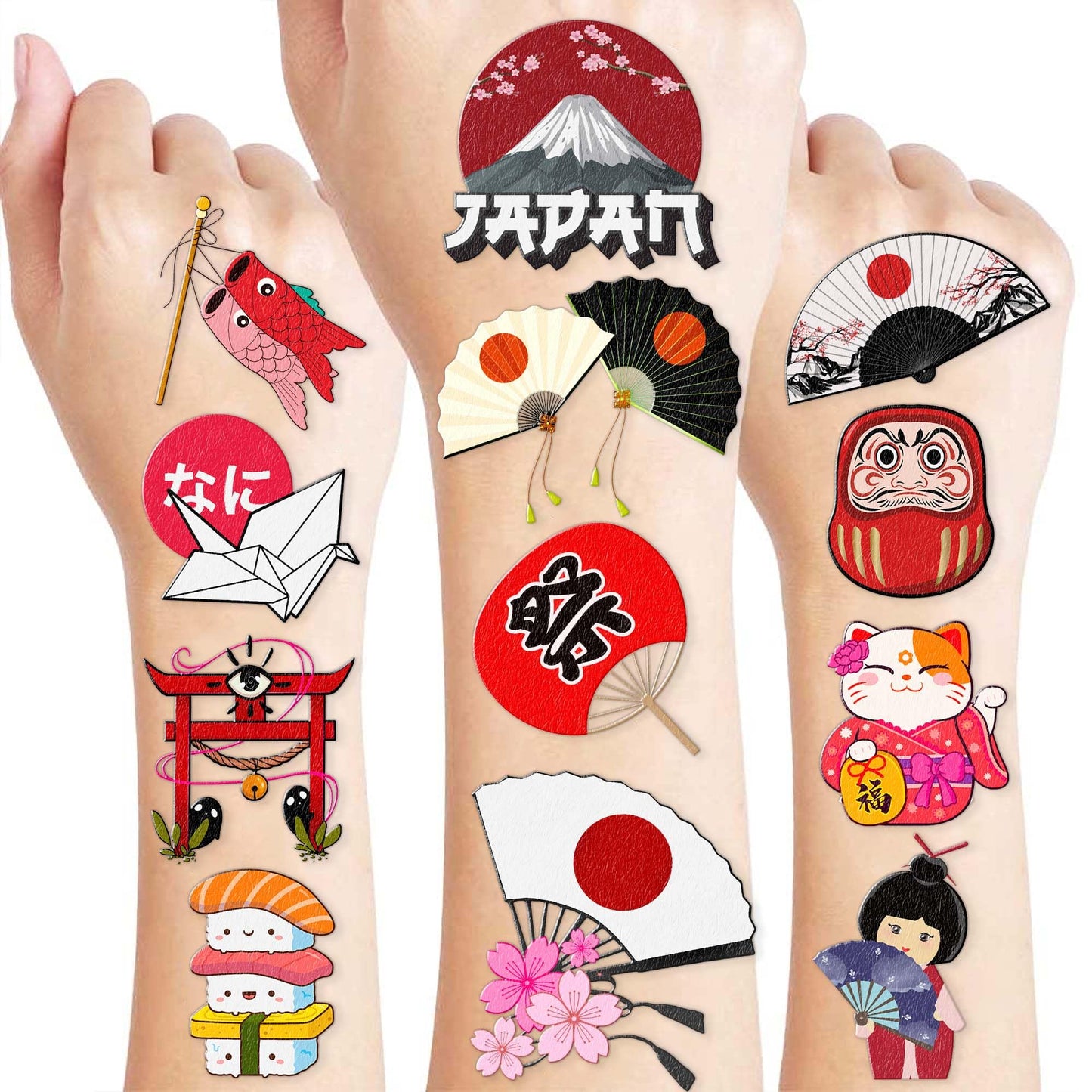 96PCS Japanese Temporary Tattoos Pre-Cut Themed Japan Birthday Party Decorations Decor Supplies Favors Sushi Lattern Tattoo Stickers Gifts For Boys Girls Kids School Prizes Carnival