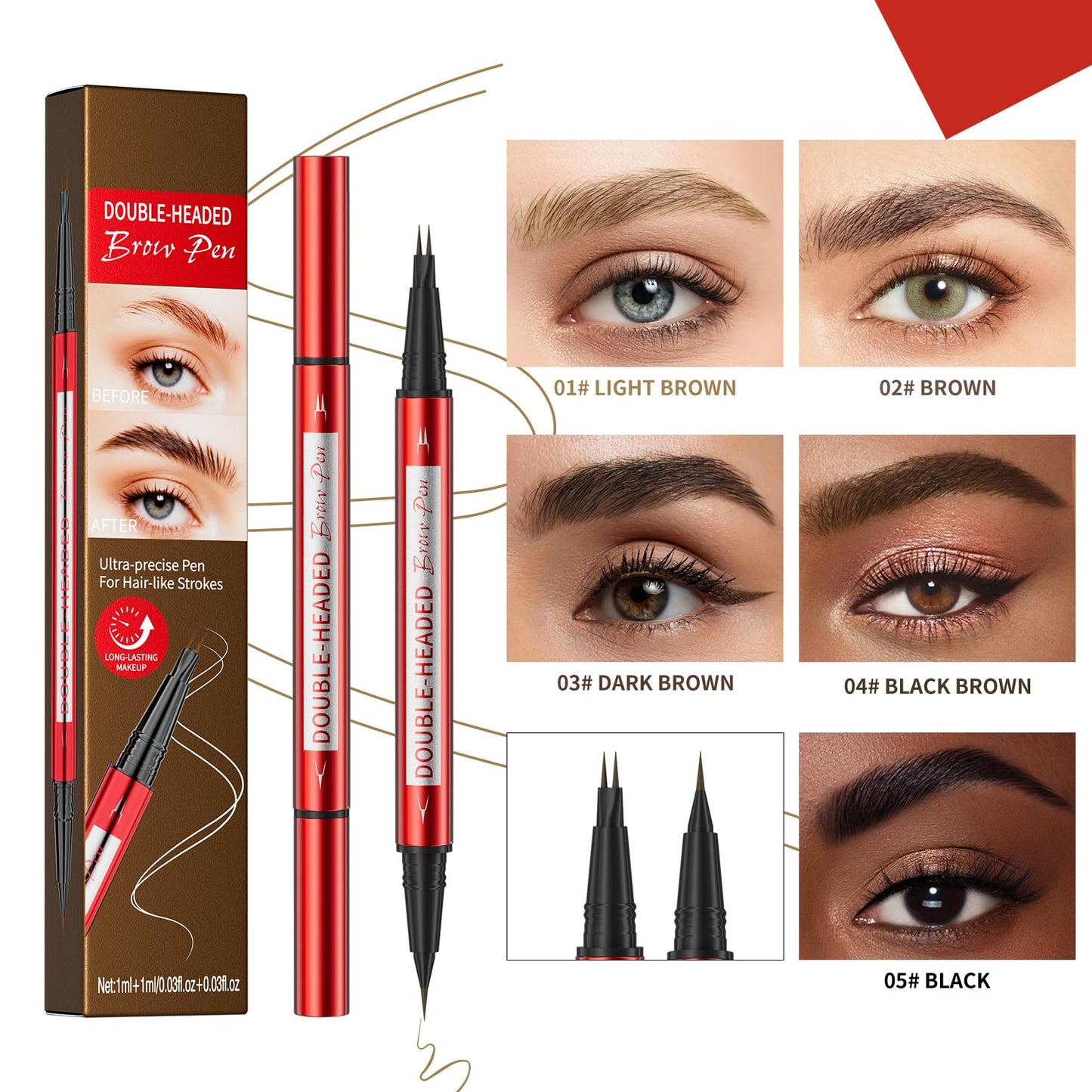 Waterproof Brown Eyebrow Pencil for Women - Dual Head Microblading & Thin Liner, 2-in-1 Non-Smudging Brow Makeup(2# Brown)