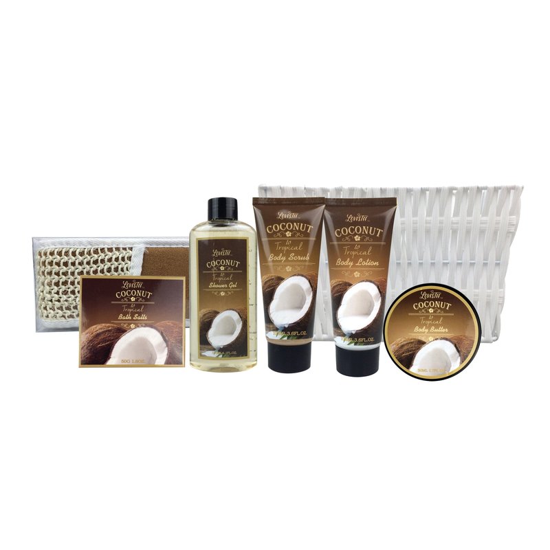 Mother's Day Spa Gift Baskets Bath and Body Set Refreshing Coconut Fragrance Lovestee - Bath and Body Gift Set Includes Shower Gel Body Lotion Body Scrub Body Butter Bath Salt and Loofah Scrubbed
