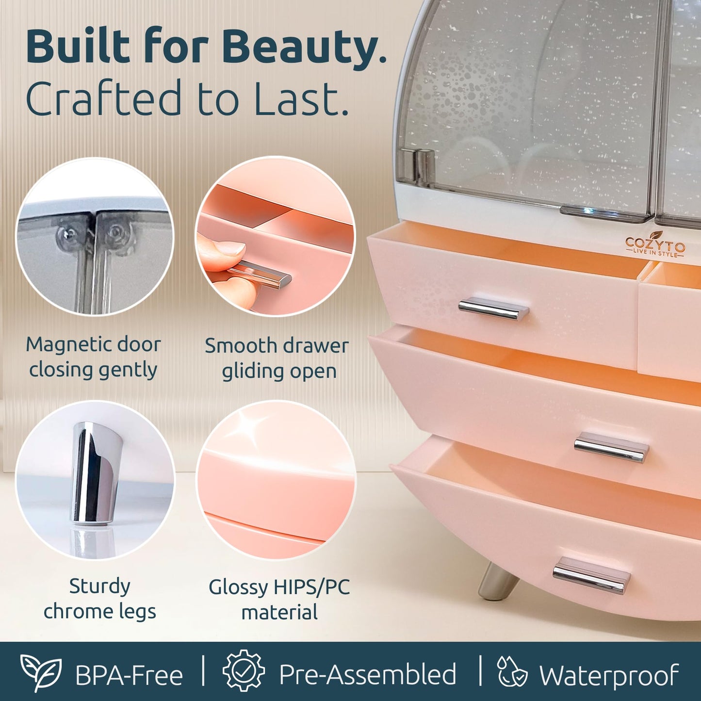 Glamora – Luna by COZYTO – Premium Cosmetic Organizer with Magnetic Doors Multi-Tier Skincare & Makeup Cabinet Perfume Organizer Makeup Organizer (Pearl White/Blush Pink & Silver Accents)