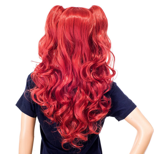 SWACC Long Curly Double Claw Clip on Ponytail Wig Synthetic Pastel Colorful Cosplay Daily Party Wig for Women with Wig Cap (Red)