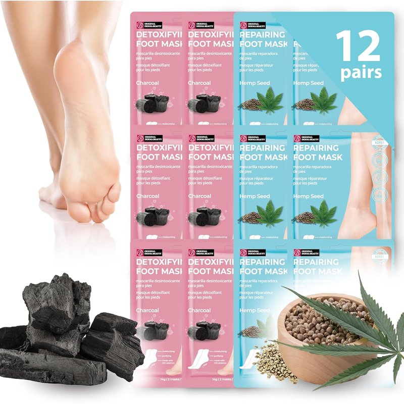 Derma Beauty Foot Mask - 12 Pairs Hemp Seed & Charcoal Moisturizing Callus Remover | Spa Pedicure Supplies