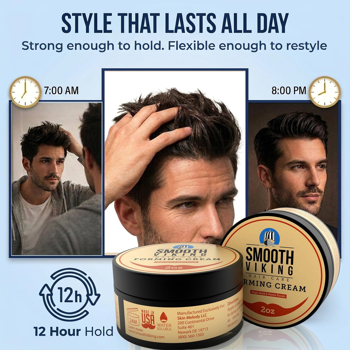Smooth Viking Forming Cream - High Hold Styling Cream for Matte Finish, Men's Hair Products, Hair Paste for Short, Curly and Long Hair, Made in USA, 2oz
