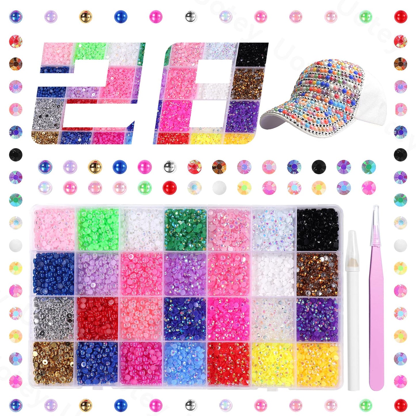 13000 Pcs 28 Color Flatback Pearls and Rhinestones for Crafting, 4mm Resin Jelly Rhinestones, Half Pearl Bedazzling Gems Diamond for Nails Eyes Face Makeup Tumblers DIY Crafts Shoes