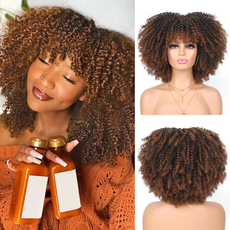 Looxey Afro Kinky Curly Wig, Black Women Short Bob Wigs with Bangs, Huge Fluffy Synthetic Fiber Full Wigs for Daily Party Use, 14 Inch Ombre Brown
