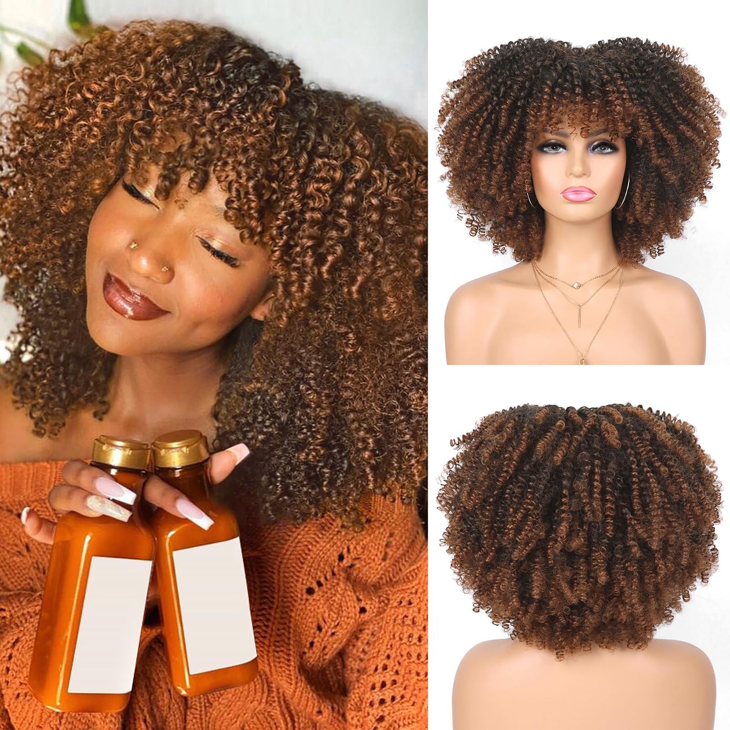 Looxey Afro Kinky Curly Wig, Black Women Short Bob Wigs with Bangs, Huge Fluffy Synthetic Fiber Full Wigs for Daily Party Use, 14 Inch Ombre Brown