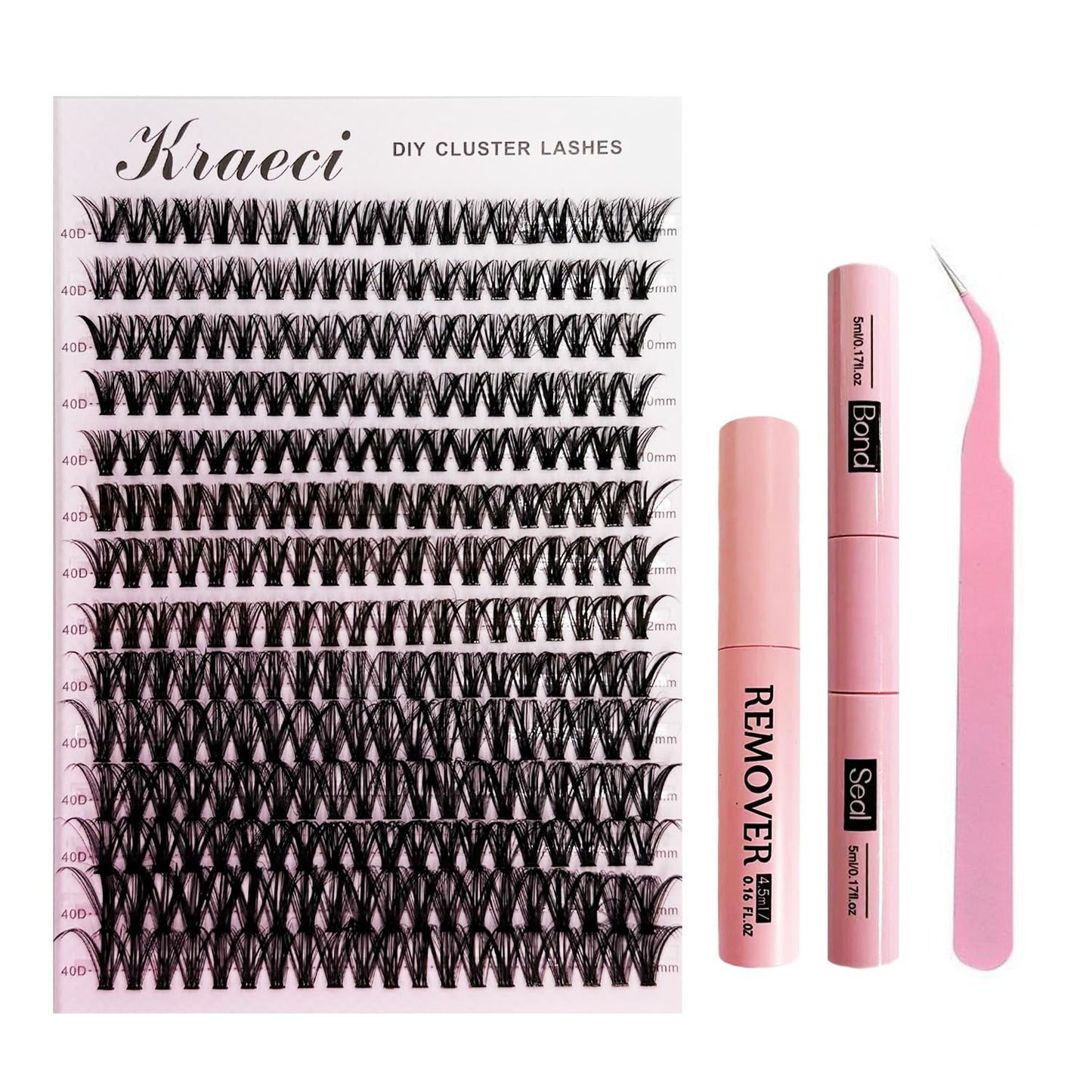 Lash Extension Kit - DIY Eyelash Application with Adhesive Remover | 280 Clusters, 9-16mm, 40D Volumes, Tweezers Included