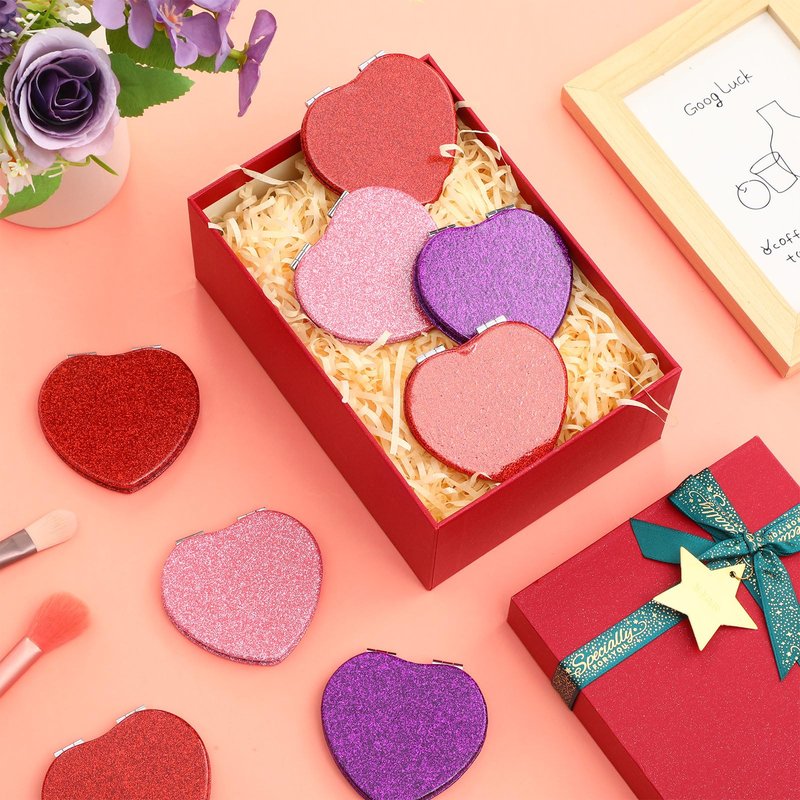 BrightRow 24 Pcs Heart Compact Mirror Magnifying Travel Mirror Bulk with Glitter Double Sided Cosmetic Purse Mirrors Heart Shaped Folding Pocket Makeup Mirrors for Women Mom Gift(Red, Pink, Purple)