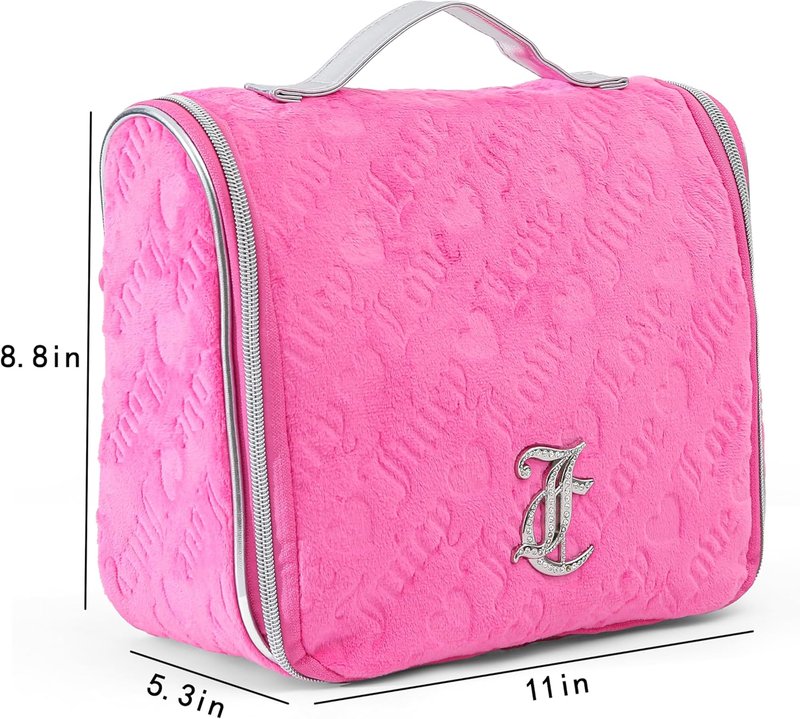 Juicy Couture Pink Makeup Bag - Travel Cosmetics Organizer with Hanging Hook & Heart Velour Design