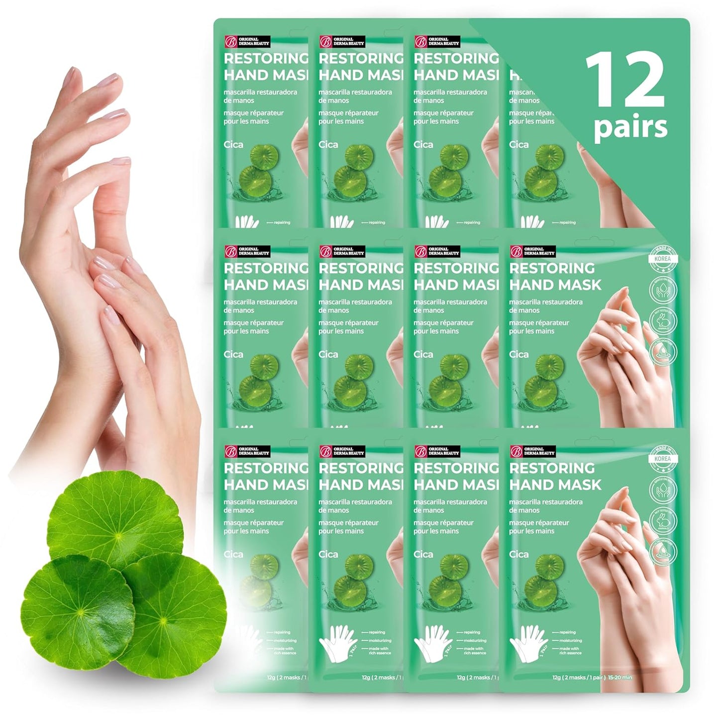 Derma Beauty Hand Mask - 12 Pairs Moisturizing Gloves for Dry Hands | Nail Care Essential (Cica)
