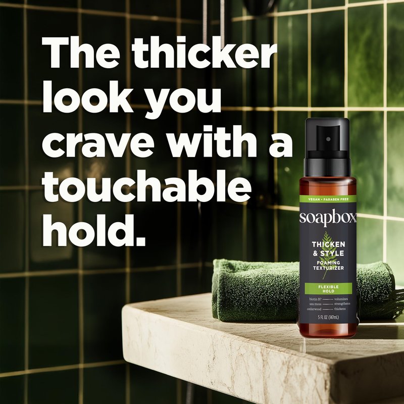 Soapbox Men's Thicken & Style Foaming Texturizer, Hair Looks Thicker, Fuller, & Volumized - Clean Ingredients Free of Harsh Chemicals, Sulfates, Parabens & Silicones - Styling Hair Products for Men