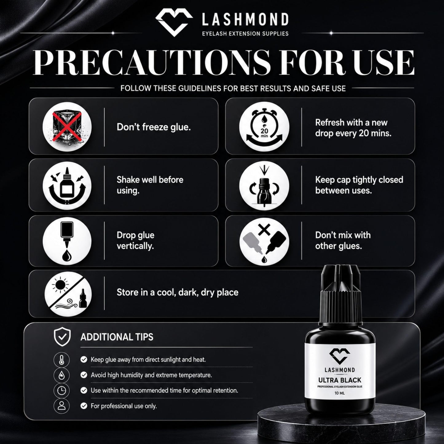 Lashmond Pro Strong Eyelash Extension Glue Ultra Black -Lash Adhesive (10 ml) / 2-3 Sec Drying time/Retention – 6 to 8 Weeks/Maximum Bonding Power/Black Adhesive for Semi-Permanent Extensions