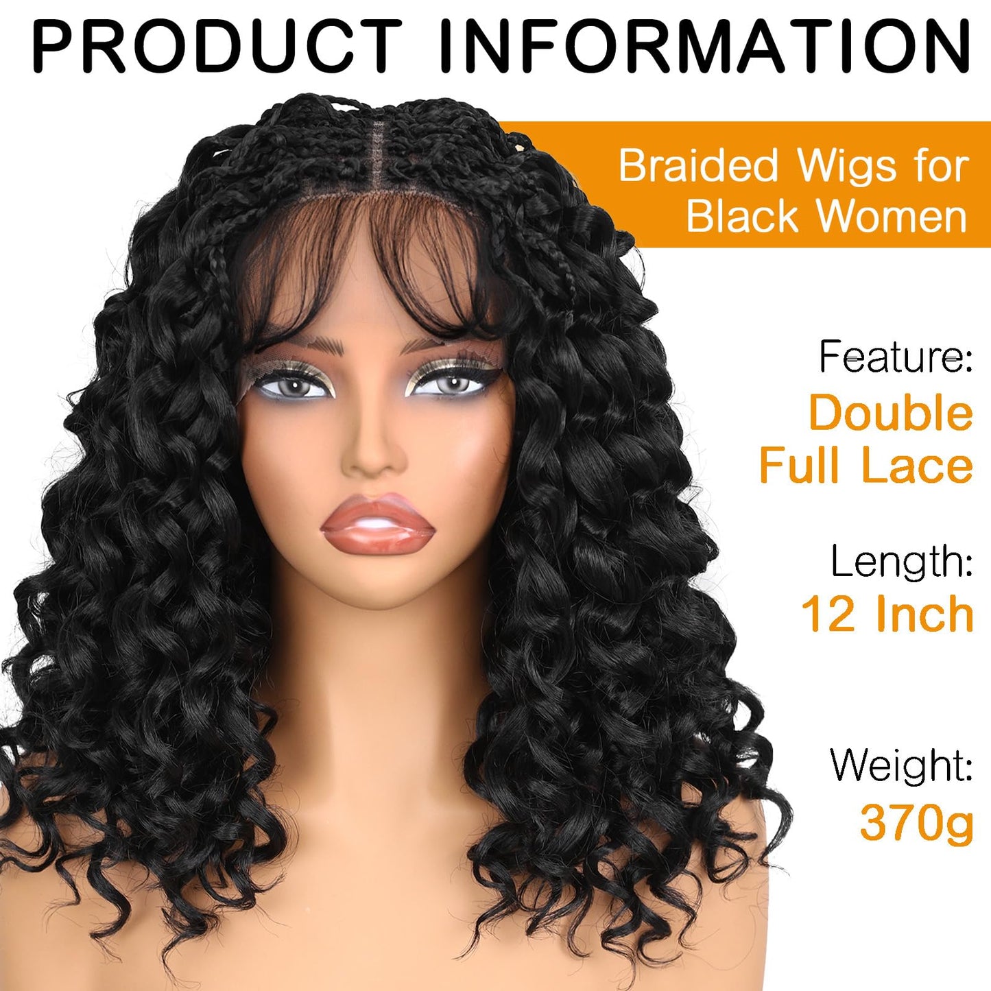 Lady Miranda Double Full Lace Braided Wigs for Black Women 12 Inch Box Briad Curly Wigs Lightweight Knotless GoGo Curl Wig Synthetic Braided Wigs with Natural Bouncy Curl (Natural Black,12 Inch)