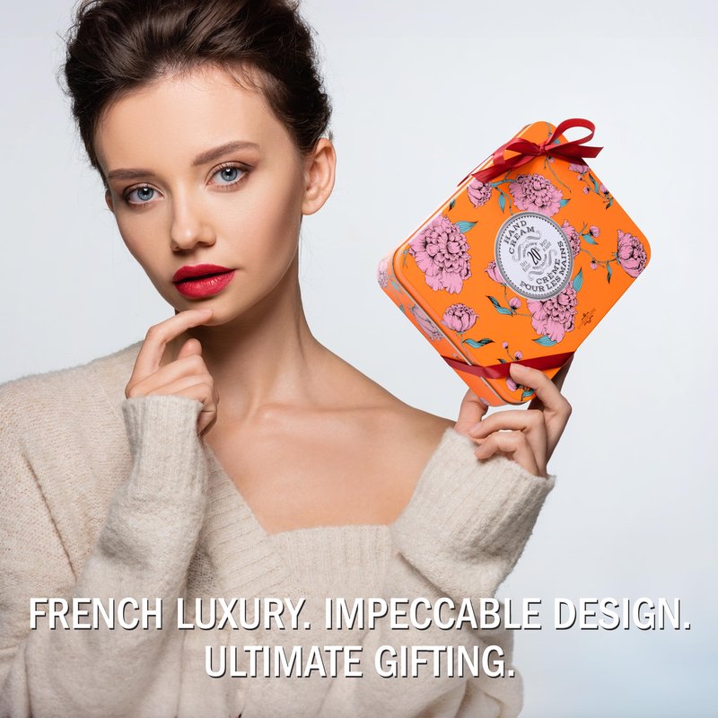La Chatelaine Hand Cream Trio Tin, Gifts for Mom, Natural Hand Lotion Gift Set, Made in France 20% Organic Shea Butter (Gardenia, Cinnamon Orange, Passion Fruit or Orange, Oud Rose) 3 x 1 fl. oz