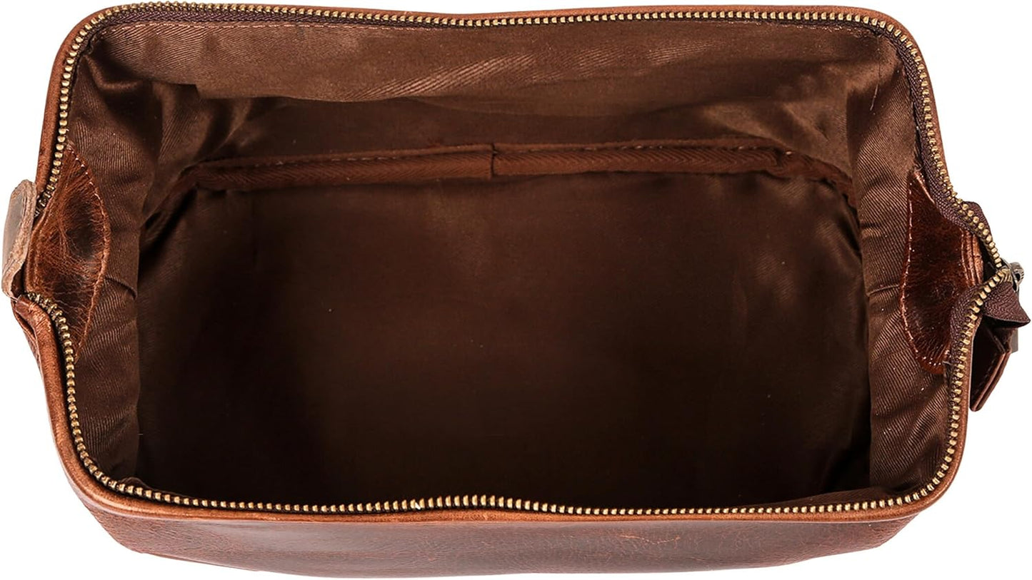 Genuine Leather Toiletry Bag for Men - Premium Dopp Kit Travel Organizer | 10-Inch Brown Pouch
