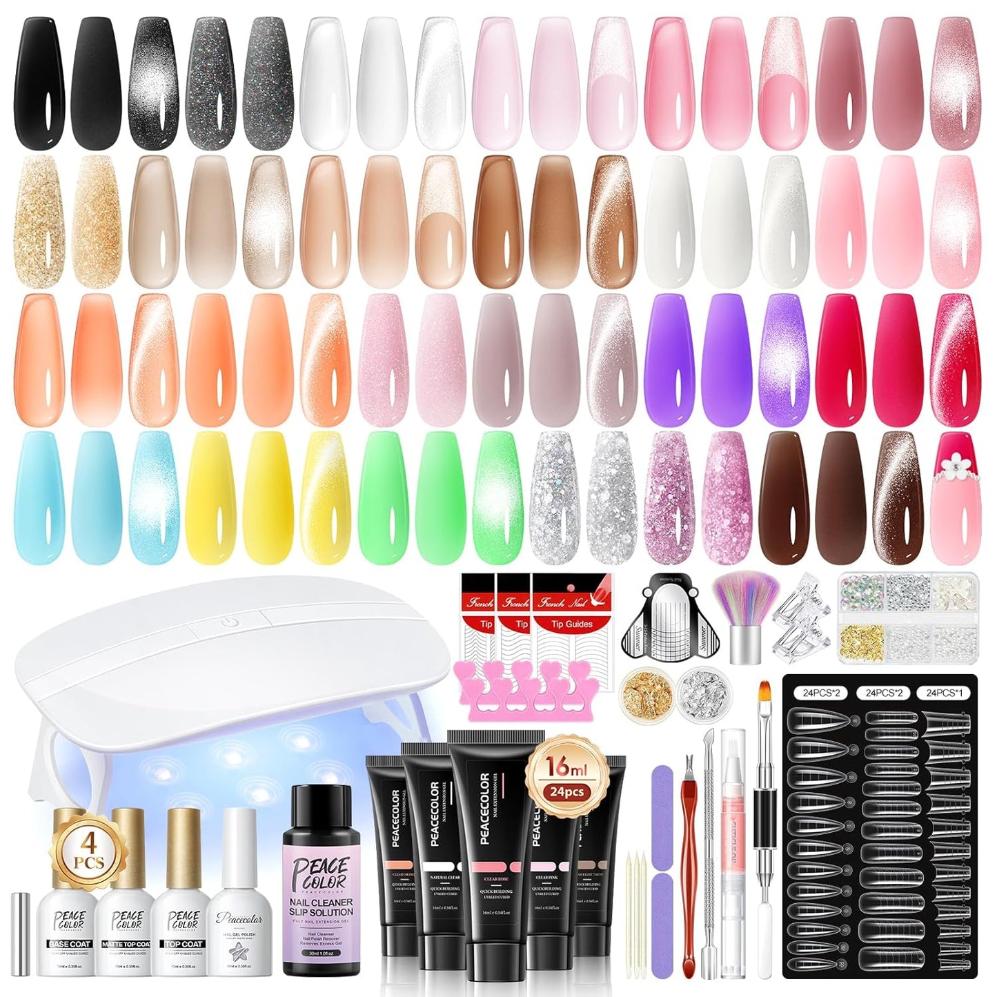 Poly Nail Gel Kit - 50Pcs UV Light Set with 24 Colors, 16ml Poly Extension Gel | DIY Nail Tools for Beginners
