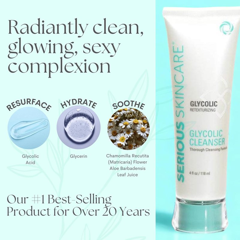 Serious Skincare Glycolic Cleanser - Daily Exfoliating Face Wash with 10% Glycolic Acid | Deep Pore Purifying, 4 Fl. Oz.