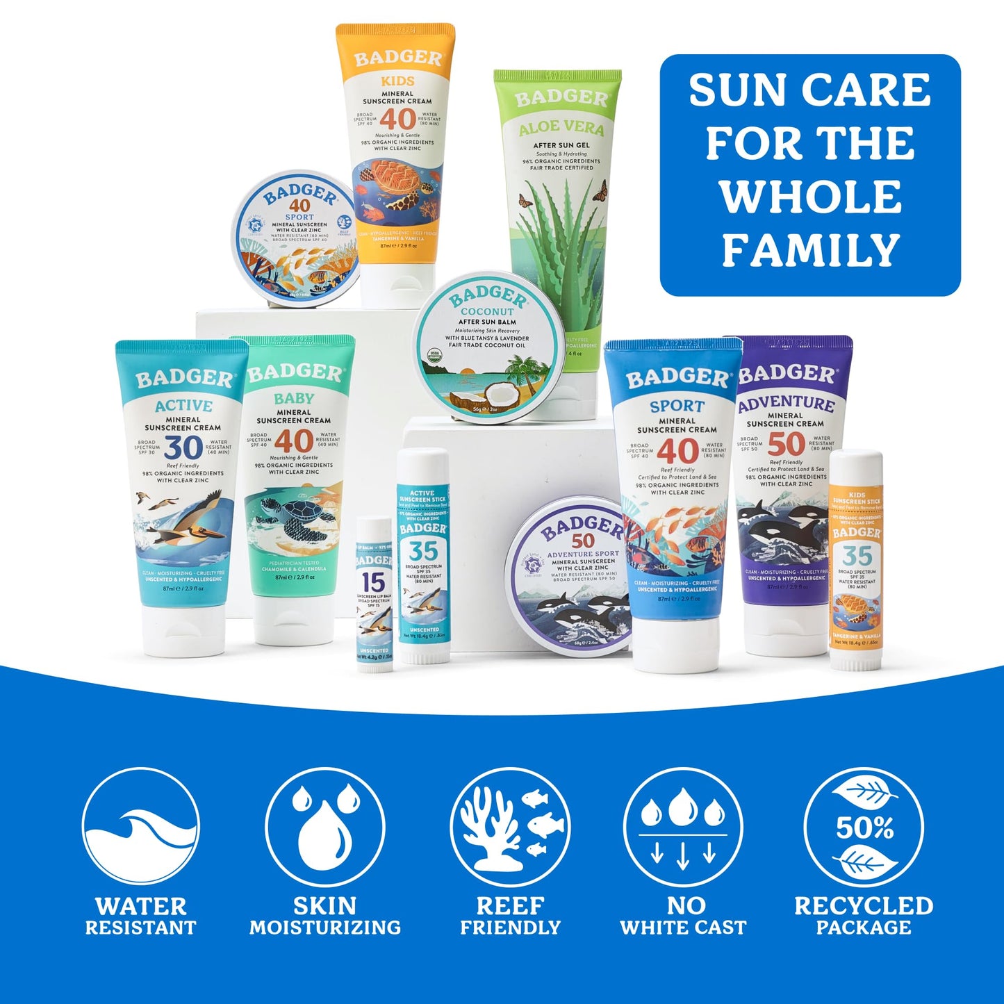Badger Reef Safe Sunscreen Tin, Unscented SPF 40 Sport Mineral Sunscreen, 98% Organic, 80min Water Resistant Travel Size Hawaii Approved, 2.4 oz Tin, 2-Pack
