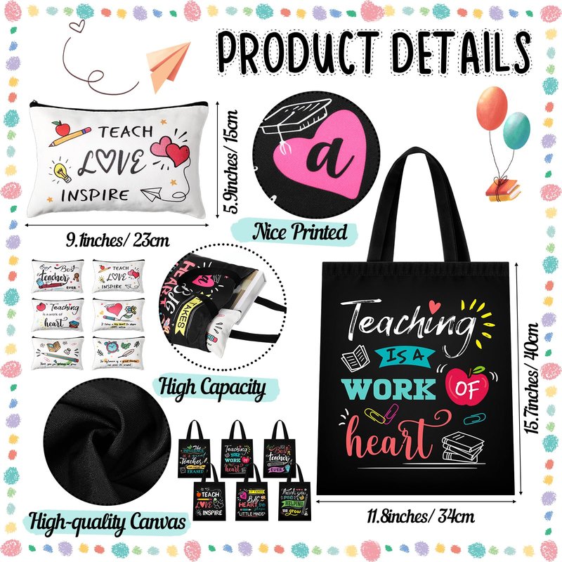 Blosssound 12 Pcs Teacher Appreciation Gift for Women Canvas Tote Bag Thank You Teacher Cosmetic Makeup Bag(Dark)