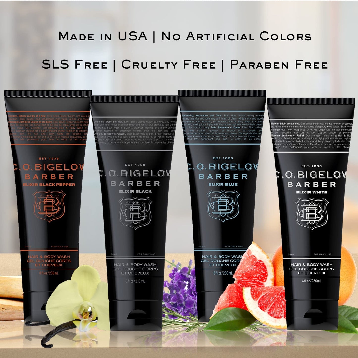 C.O. Bigelow Elixir Black Hair & Body Wash for Men, Pack of 2 Musk & Vanilla Scented Men's 2 in 1 Shampoo & Body Wash, 8 Fl Oz