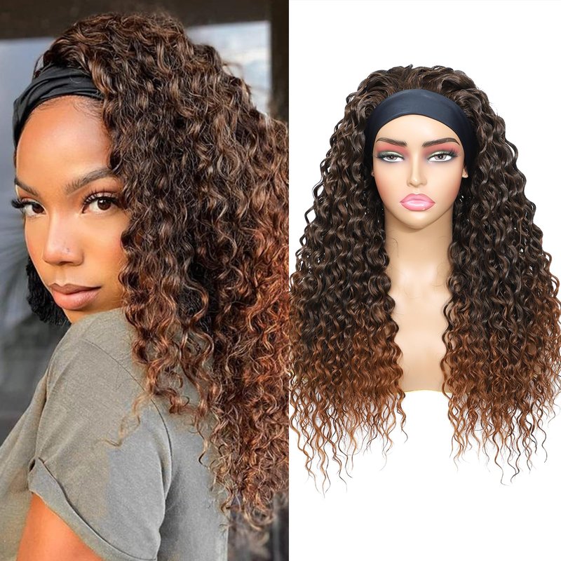 Humistwbiu Curly Headband Wig Loose Water Wave Headband Wigs None Lace Wig Glueless for Women Synthetic 150% Density Natural Color 24 inch (1B)