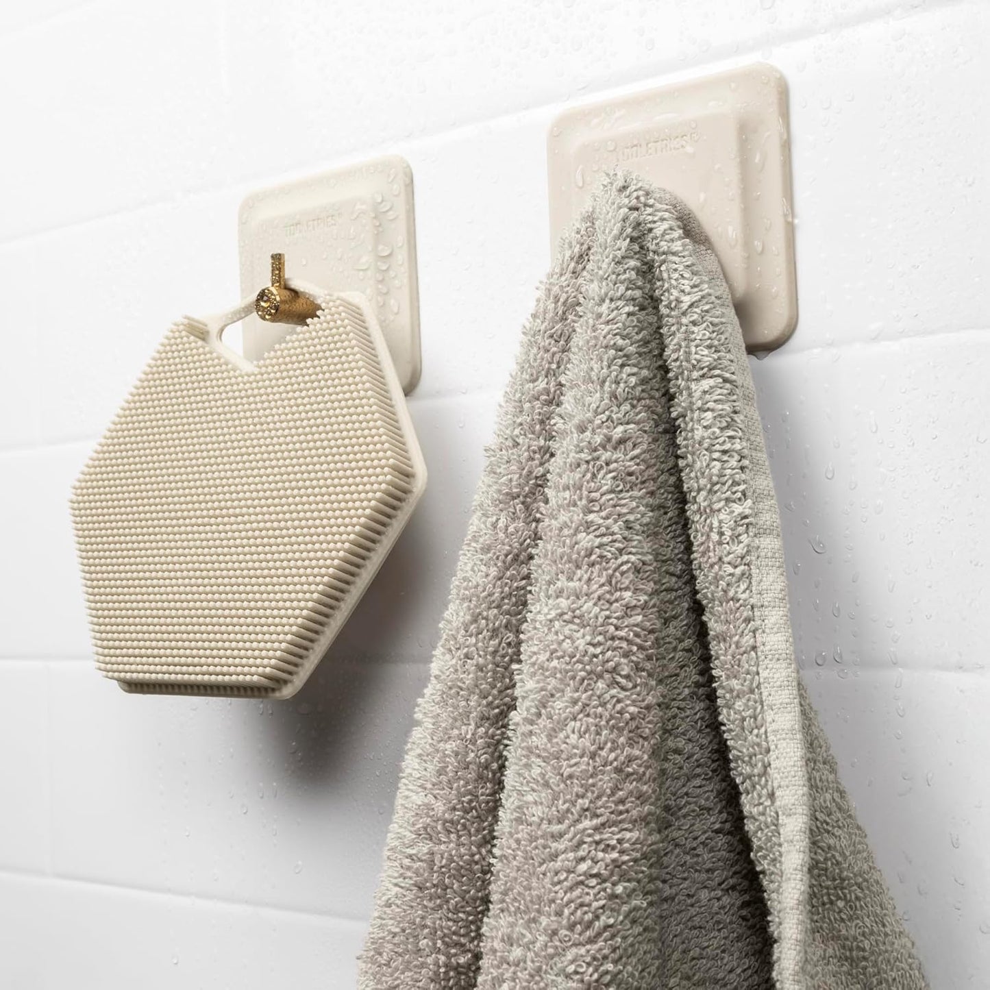 Arnold Silicone Shower Hooks - Waterproof Adhesive Bathroom Organizer for Razors & Loofahs | 2 Pack - Sand